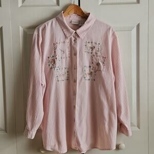 Vintage Koret Francisca Pink White Striped Button Front Top Size 20W Embroidered